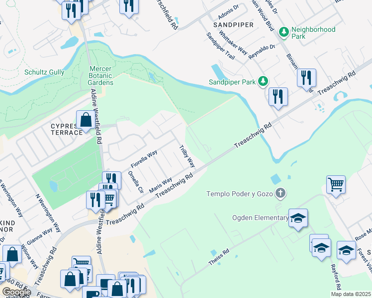 map of restaurants, bars, coffee shops, grocery stores, and more near 21602 Trilby Way in Humble