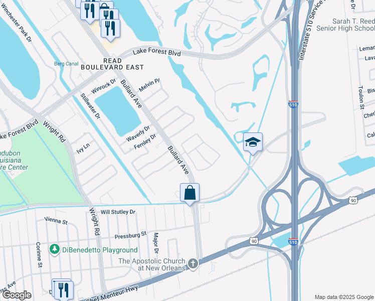 map of restaurants, bars, coffee shops, grocery stores, and more near 11405 North Saint Andrews Circle in New Orleans