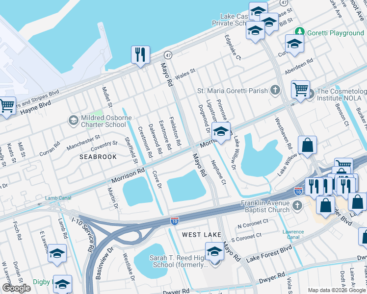 map of restaurants, bars, coffee shops, grocery stores, and more near 7341 Fieldston Road in New Orleans