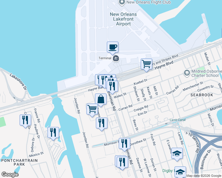map of restaurants, bars, coffee shops, grocery stores, and more near 8050-8098 Downman Rd in New Orleans