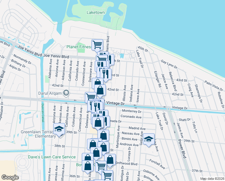 map of restaurants, bars, coffee shops, grocery stores, and more near 2156 42nd Street in Kenner