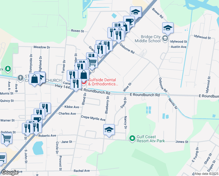 map of restaurants, bars, coffee shops, grocery stores, and more near 230 East Darby Street in Bridge City