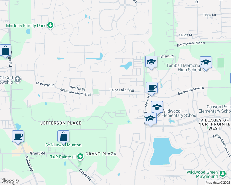 map of restaurants, bars, coffee shops, grocery stores, and more near 15110 Telge Lake Trail in Cypress