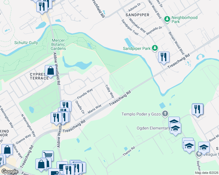 map of restaurants, bars, coffee shops, grocery stores, and more near 21626 Trilby Way in Humble