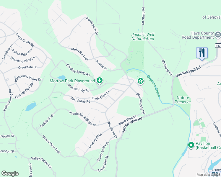 map of restaurants, bars, coffee shops, grocery stores, and more near 154 Shady Bluff Drive in Wimberley