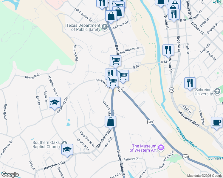 map of restaurants, bars, coffee shops, grocery stores, and more near 116 Southway Dr in Kerrville