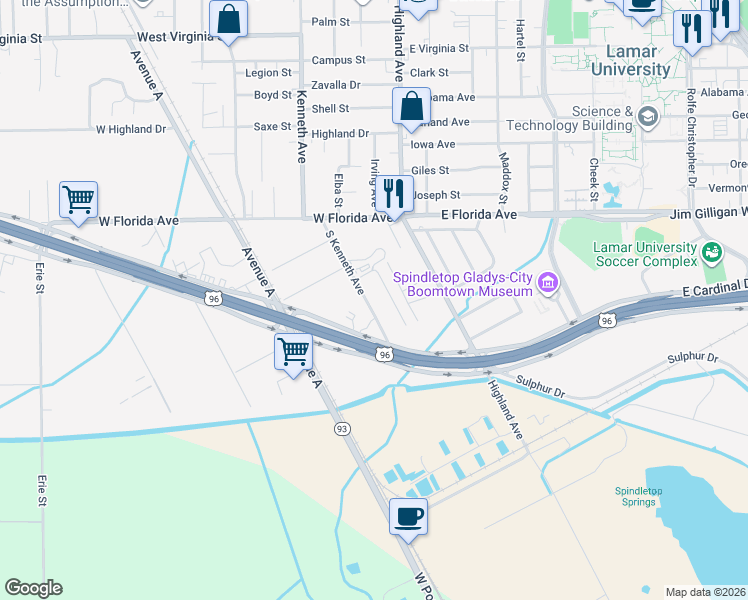 map of restaurants, bars, coffee shops, grocery stores, and more near 5495 Winfree Street in Beaumont