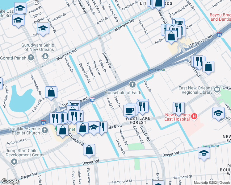 map of restaurants, bars, coffee shops, grocery stores, and more near 9050 Bunker Hill Road in New Orleans