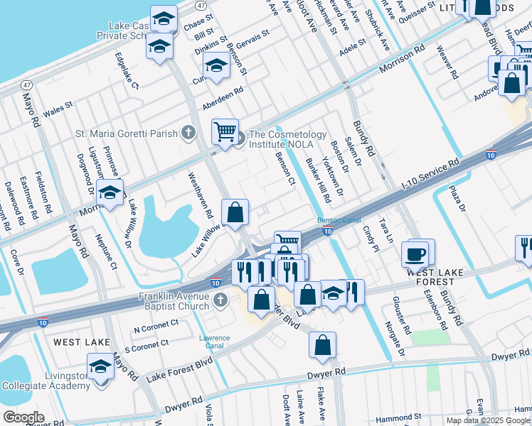 map of restaurants, bars, coffee shops, grocery stores, and more near 7019 Crowder Boulevard in New Orleans