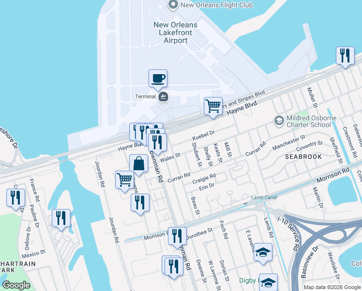 map of restaurants, bars, coffee shops, grocery stores, and more near 6047 Kuebel Drive in New Orleans