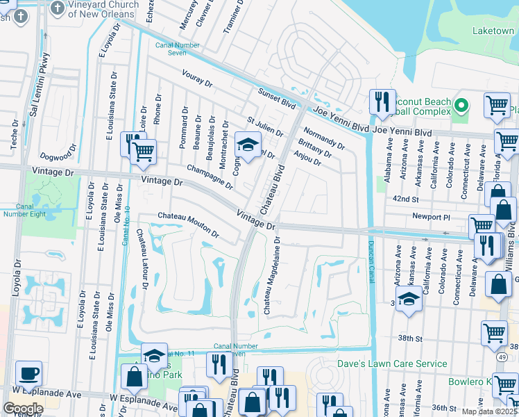 map of restaurants, bars, coffee shops, grocery stores, and more near 4117 Chateau Boulevard in Kenner