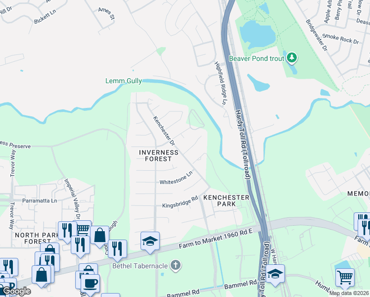 map of restaurants, bars, coffee shops, grocery stores, and more near 22118 Kenchester Drive in Houston