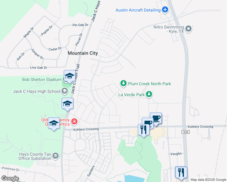 map of restaurants, bars, coffee shops, grocery stores, and more near 4800 Jack C Hays Trail in Buda