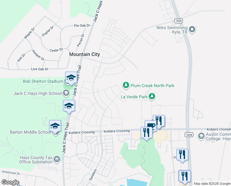 map of restaurants, bars, coffee shops, grocery stores, and more near 4800 Jack C Hays Trail in Buda