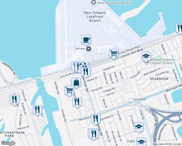 map of restaurants, bars, coffee shops, grocery stores, and more near 5918 Hayne Boulevard in New Orleans