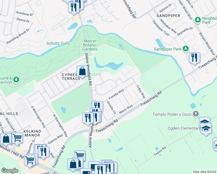 map of restaurants, bars, coffee shops, grocery stores, and more near 21715 Martin Grove Court in Humble