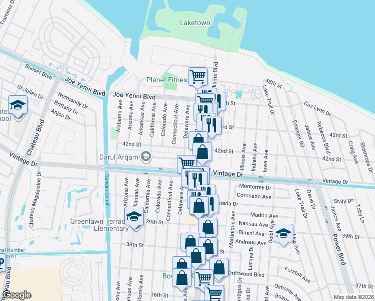 map of restaurants, bars, coffee shops, grocery stores, and more near 4204 Delaware Avenue in Kenner