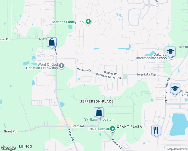 map of restaurants, bars, coffee shops, grocery stores, and more near 15534 Kensington Bluff Drive in Cypress