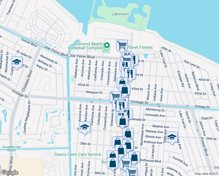 map of restaurants, bars, coffee shops, grocery stores, and more near 4213 Connecticut Avenue in Kenner