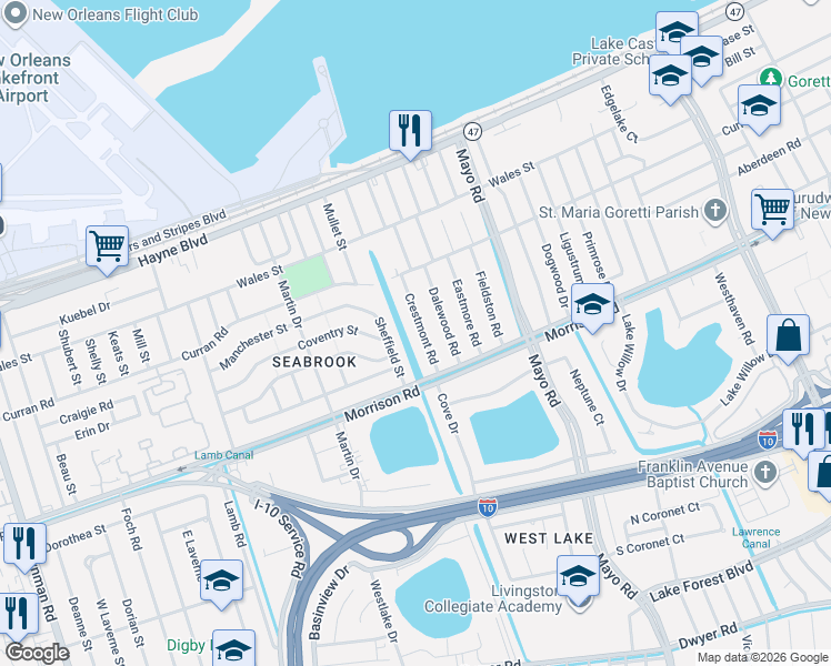 map of restaurants, bars, coffee shops, grocery stores, and more near 7451 Crestmont Road in New Orleans