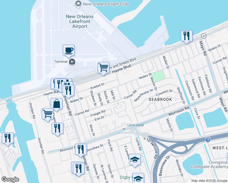 map of restaurants, bars, coffee shops, grocery stores, and more near 7842 Henley Street in New Orleans