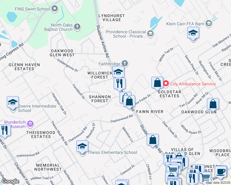 map of restaurants, bars, coffee shops, grocery stores, and more near 17919 Stuebner Airline Road in Spring