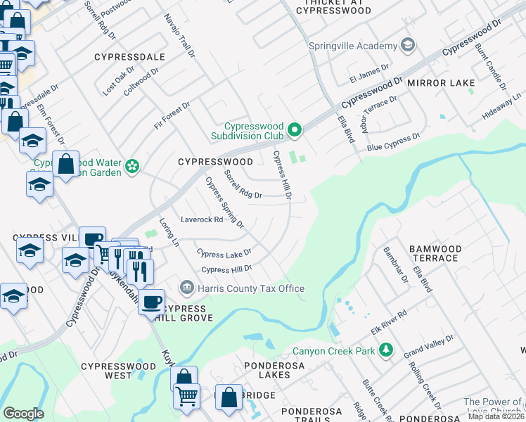 map of restaurants, bars, coffee shops, grocery stores, and more near 17419 Sorrell Ridge Drive in Spring