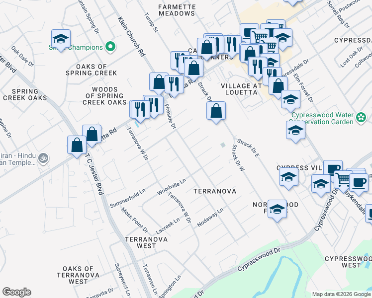 map of restaurants, bars, coffee shops, grocery stores, and more near 18111 Fireside Drive in Spring