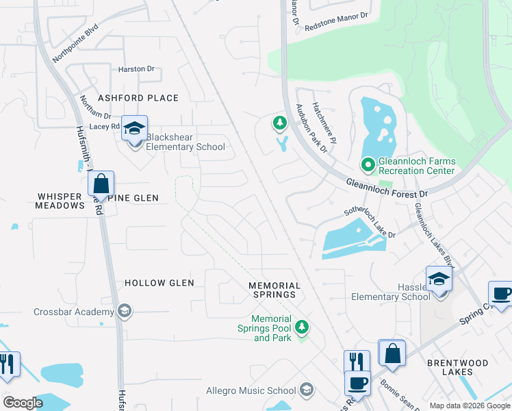 map of restaurants, bars, coffee shops, grocery stores, and more near 18434 Madisons Crossing Lane in Tomball