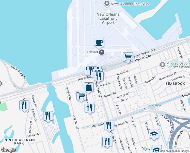 map of restaurants, bars, coffee shops, grocery stores, and more near 8050 Downman Road in New Orleans