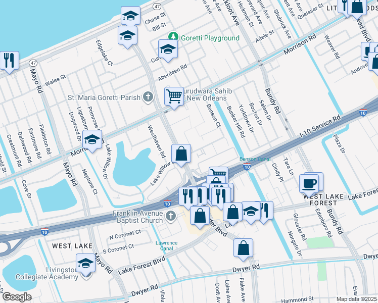 map of restaurants, bars, coffee shops, grocery stores, and more near 7111 Parkside Court in New Orleans