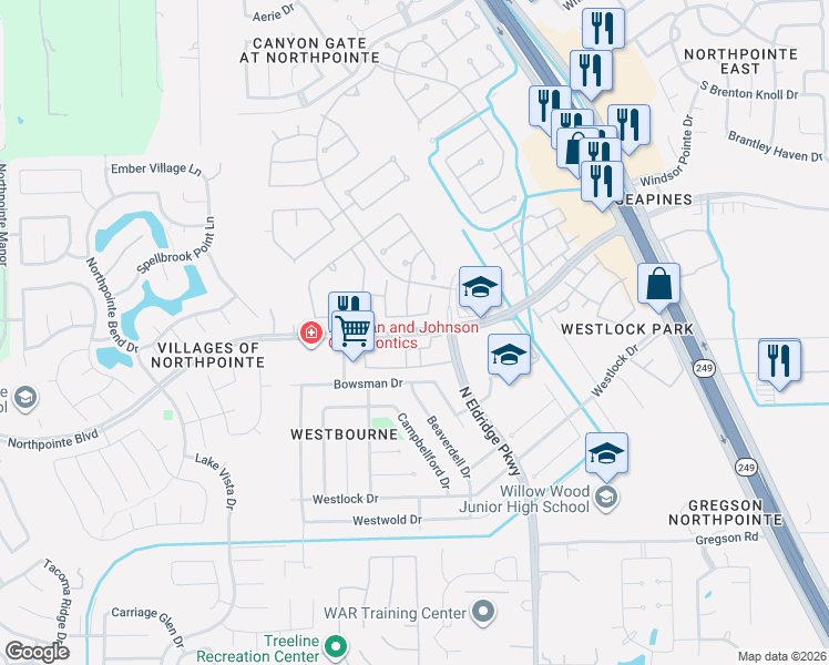 map of restaurants, bars, coffee shops, grocery stores, and more near 18923 Canyon Rose Drive in Tomball