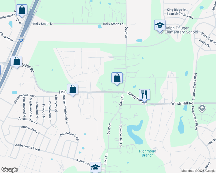 map of restaurants, bars, coffee shops, grocery stores, and more near 1001 Windy Hill Road in Kyle