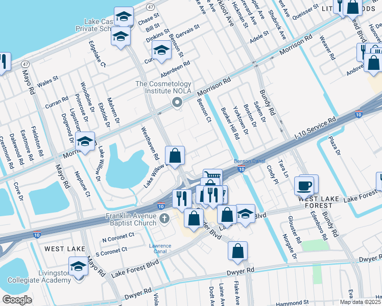 map of restaurants, bars, coffee shops, grocery stores, and more near 7019 Crowder Boulevard in New Orleans