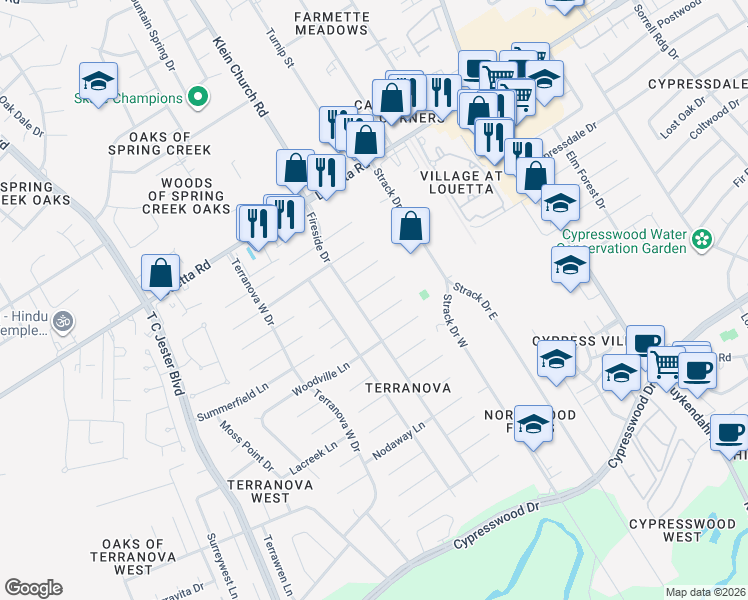 map of restaurants, bars, coffee shops, grocery stores, and more near 5223 Alamosa Lane in Spring