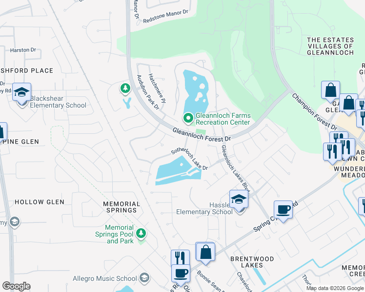 map of restaurants, bars, coffee shops, grocery stores, and more near 1307 Richlawn Drive in Spring