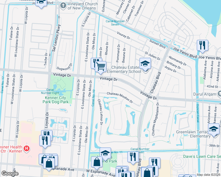 map of restaurants, bars, coffee shops, grocery stores, and more near 13 Chateau Talbot Drive in Kenner