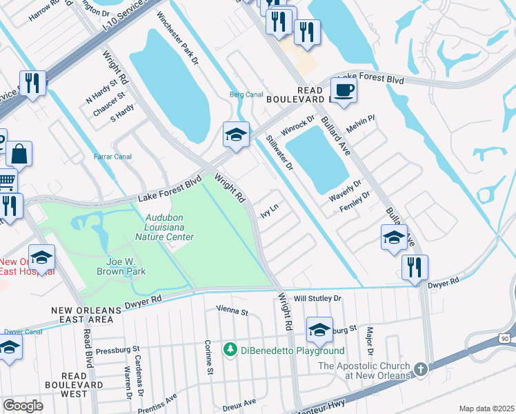 map of restaurants, bars, coffee shops, grocery stores, and more near 11130 North Idlewood Court in New Orleans