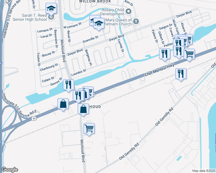 map of restaurants, bars, coffee shops, grocery stores, and more near 13733 Chef Menteur Highway in New Orleans