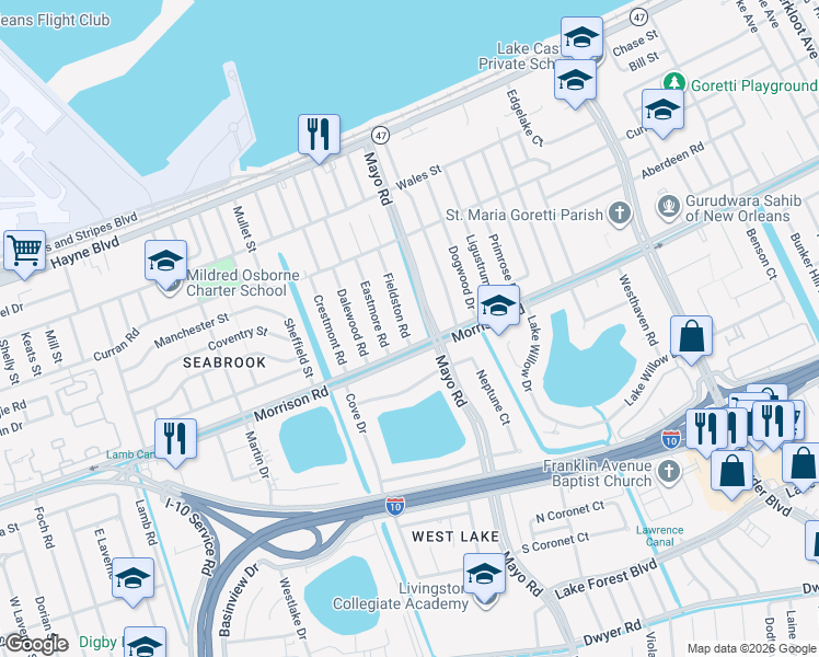 map of restaurants, bars, coffee shops, grocery stores, and more near 7341 Fieldston Road in New Orleans