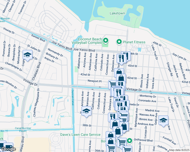 map of restaurants, bars, coffee shops, grocery stores, and more near 4200 California Avenue in Kenner