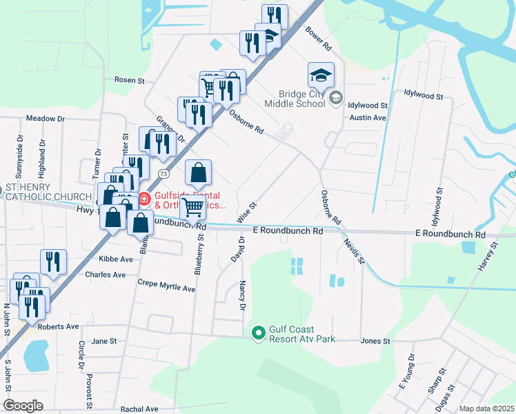 map of restaurants, bars, coffee shops, grocery stores, and more near 2100 Wise Street in Bridge City