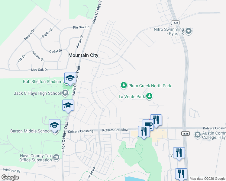 map of restaurants, bars, coffee shops, grocery stores, and more near 4800 Jack C Hays Trail in Buda