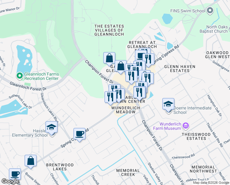 map of restaurants, bars, coffee shops, grocery stores, and more near 18618 Copano Lane in Spring