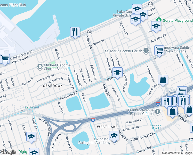 map of restaurants, bars, coffee shops, grocery stores, and more near 7341 Fieldston Road in New Orleans