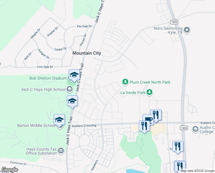 map of restaurants, bars, coffee shops, grocery stores, and more near 101 Madrid in Kyle