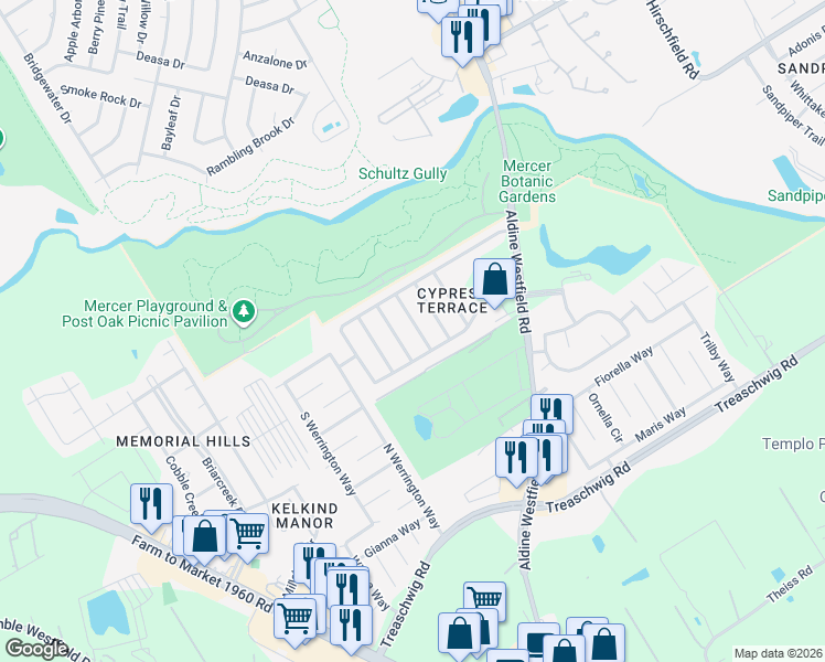 map of restaurants, bars, coffee shops, grocery stores, and more near 21827 Hemlock Park Drive in Houston