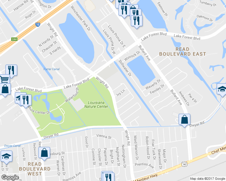 map of restaurants, bars, coffee shops, grocery stores, and more near 11130 North Idlewood Court in New Orleans