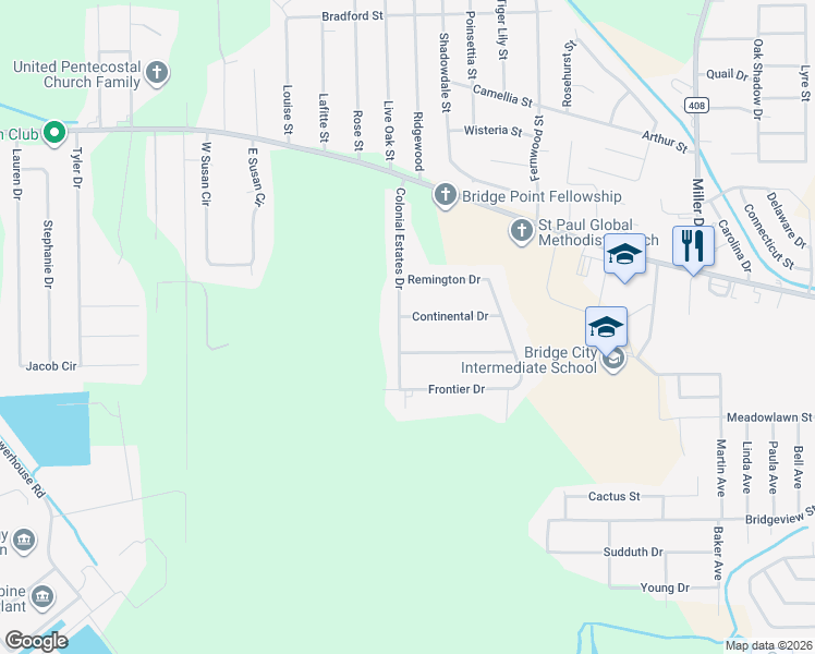 map of restaurants, bars, coffee shops, grocery stores, and more near 633 Continental Drive in Bridge City