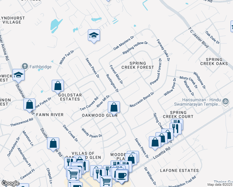 map of restaurants, bars, coffee shops, grocery stores, and more near 17415 Rustington Drive in Spring
